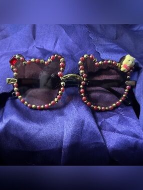 Teddy bear Shaped Rhinestone Sunglasses - Red & Gold Accents